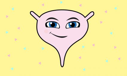 Maskot för internationella uretritdagen. En tecknad glad urinblåsa.