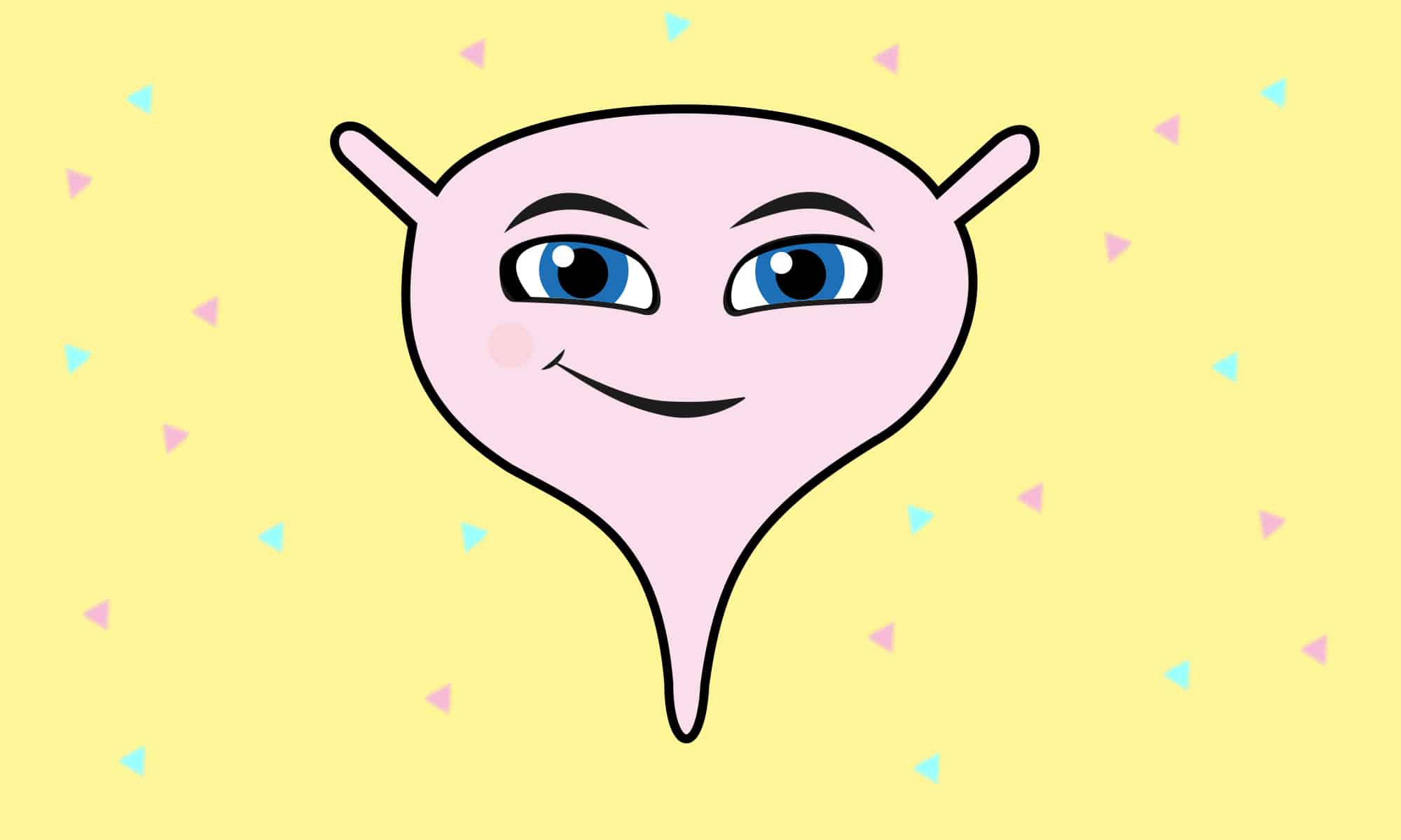 Maskot för internationella uretritdagen. En tecknad glad urinblåsa.