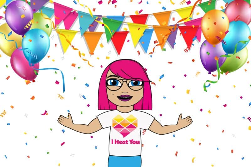 Tecknad tjej med rosa hår firar med ballonger och confetti