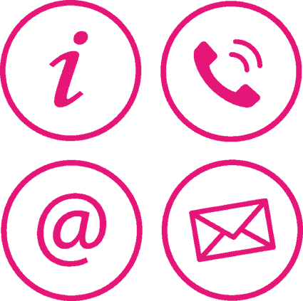 Pictogram of i, phone, @ and envelope